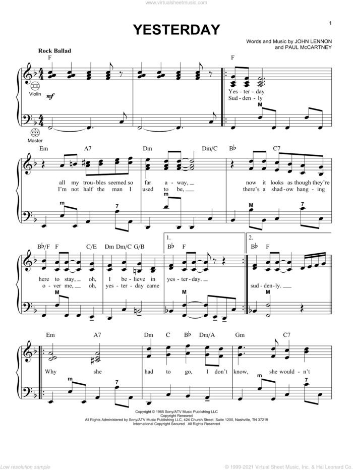 Yesterday sheet music for accordion by The Beatles, John Lennon and Paul McCartney, intermediate skill level