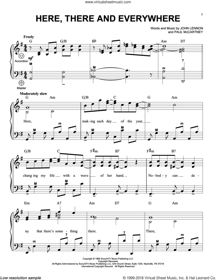Here, There And Everywhere sheet music for accordion by The Beatles, John Lennon and Paul McCartney, wedding score, intermediate skill level