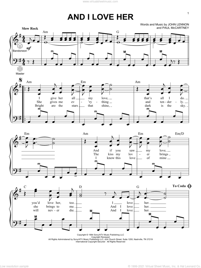 And I Love Her sheet music for accordion by The Beatles, John Lennon and Paul McCartney, intermediate skill level