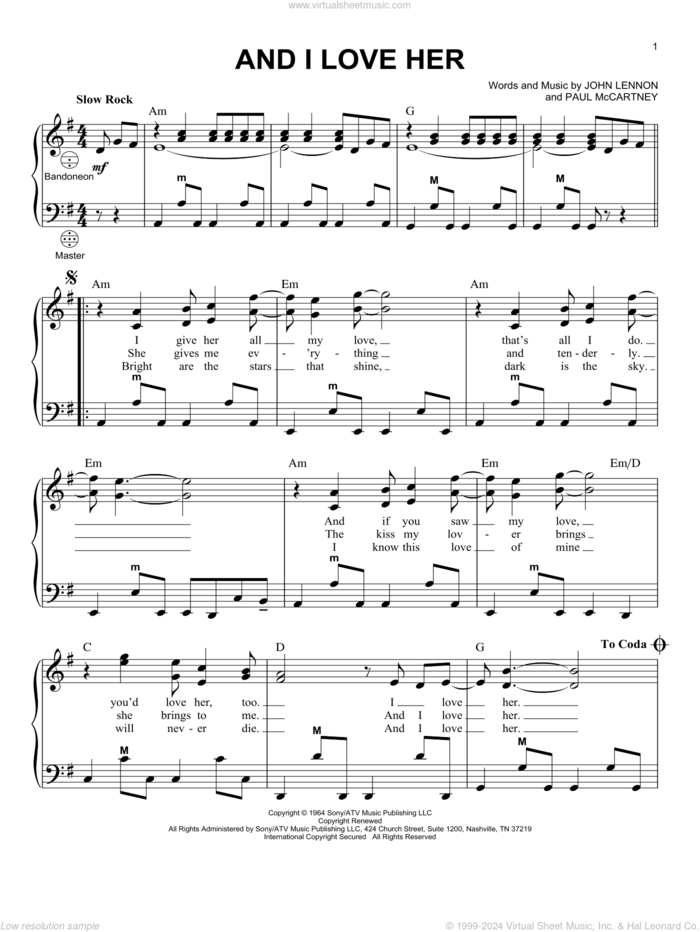 And I Love Her sheet music for accordion by The Beatles, John Lennon and Paul McCartney, intermediate skill level