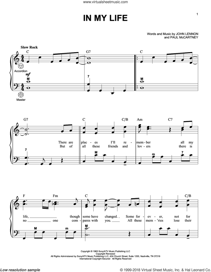 In My Life sheet music for accordion by The Beatles, John Lennon and Paul McCartney, wedding score, intermediate skill level