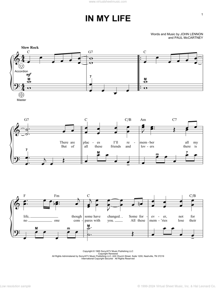 In My Life sheet music for accordion by The Beatles, John Lennon and Paul McCartney, wedding score, intermediate skill level