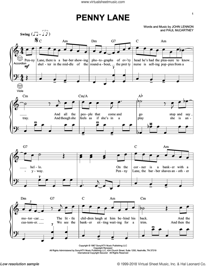 Penny Lane sheet music for accordion by The Beatles, John Lennon and Paul McCartney, intermediate skill level