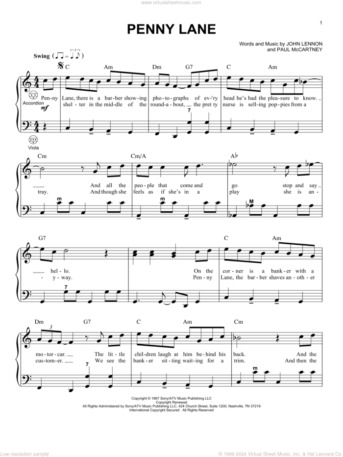 Penny Lane sheet music for accordion by The Beatles, John Lennon and Paul McCartney, intermediate skill level