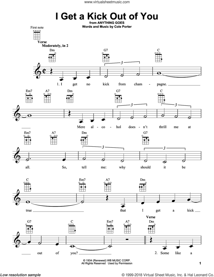 I Get A Kick Out Of You sheet music for ukulele by Frank Sinatra and Cole Porter, intermediate skill level