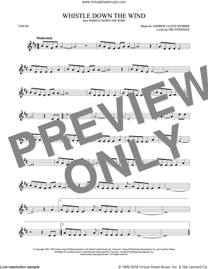 Whistle Down The Wind sheet music for violin solo by Andrew Lloyd Webber and Jim Steinman, intermediate skill level
