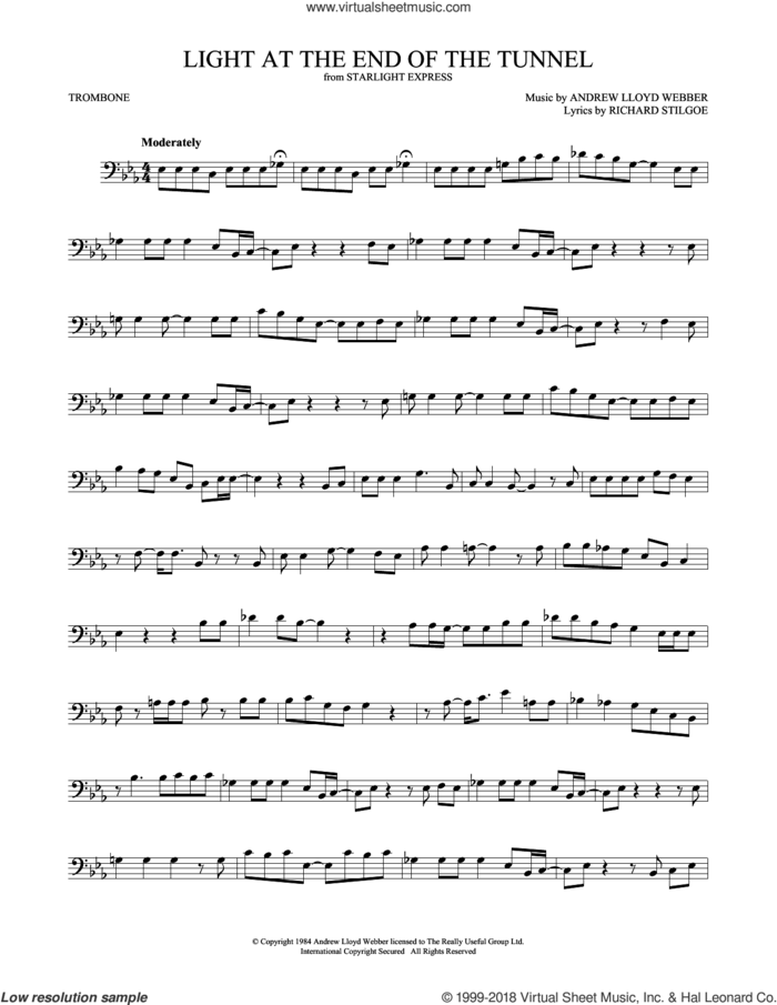 Light At The End Of The Tunnel sheet music for trombone solo by Andrew Lloyd Webber and Richard Stilgoe, intermediate skill level