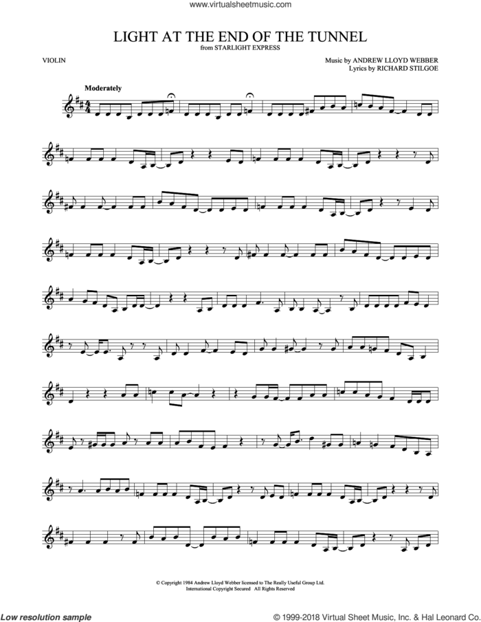 Light At The End Of The Tunnel sheet music for violin solo by Andrew Lloyd Webber and Richard Stilgoe, intermediate skill level
