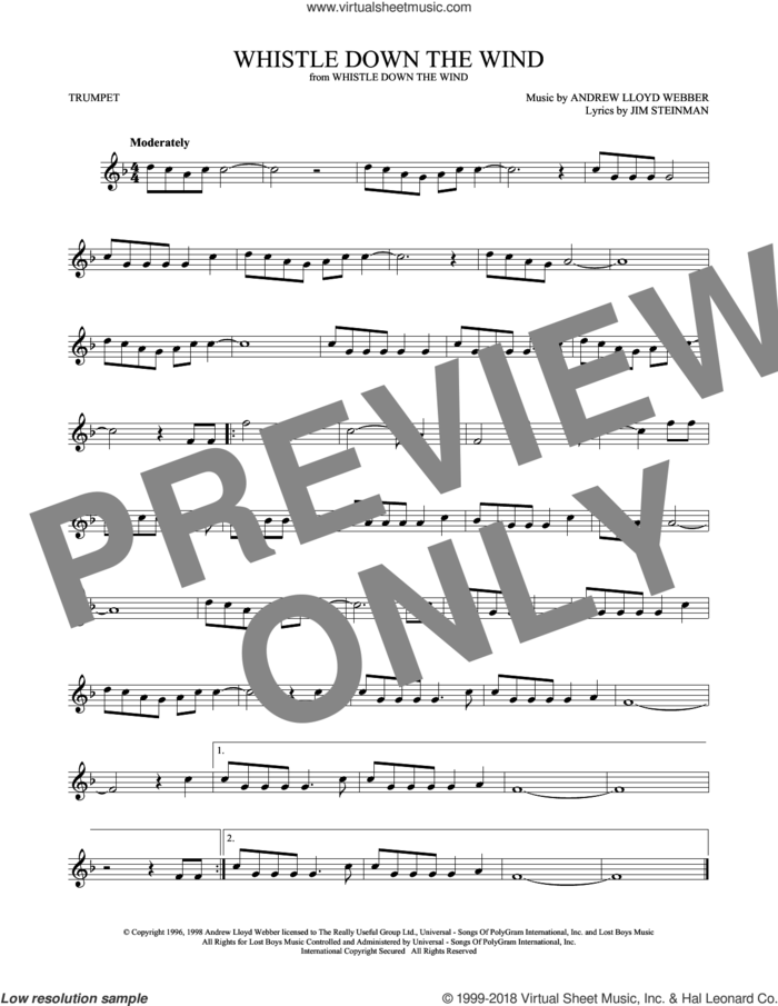 Whistle Down The Wind sheet music for trumpet solo by Andrew Lloyd Webber and Jim Steinman, intermediate skill level
