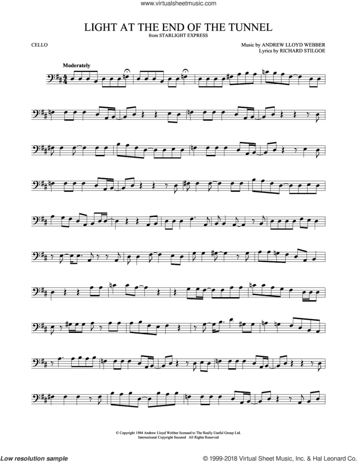 Light At The End Of The Tunnel sheet music for cello solo by Andrew Lloyd Webber and Richard Stilgoe, intermediate skill level