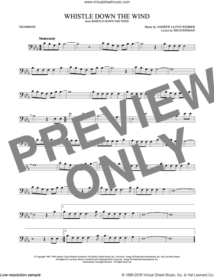 Whistle Down The Wind sheet music for trombone solo by Andrew Lloyd Webber and Jim Steinman, intermediate skill level