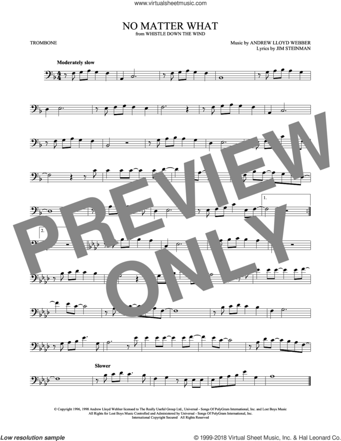 No Matter What (from Whistle Down the Wind) sheet music for trombone solo by Andrew Lloyd Webber, Boyzone and Jim Steinman, intermediate skill level