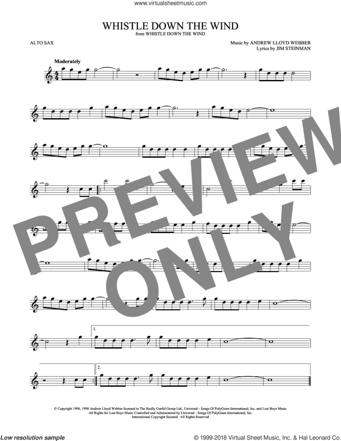 Whistle Down The Wind sheet music for alto saxophone solo by Andrew Lloyd Webber and Jim Steinman, intermediate skill level