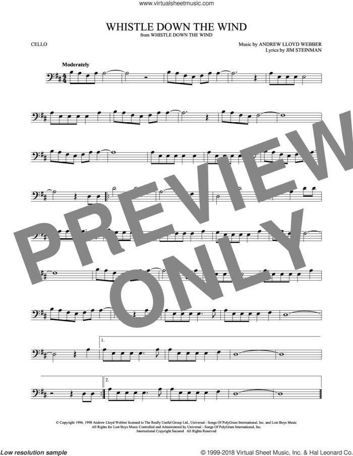 Whistle Down The Wind sheet music for cello solo by Andrew Lloyd Webber and Jim Steinman, intermediate skill level
