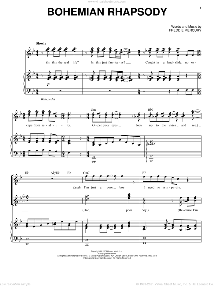 Bohemian Rhapsody sheet music for voice and piano by Queen and Freddie Mercury, intermediate skill level
