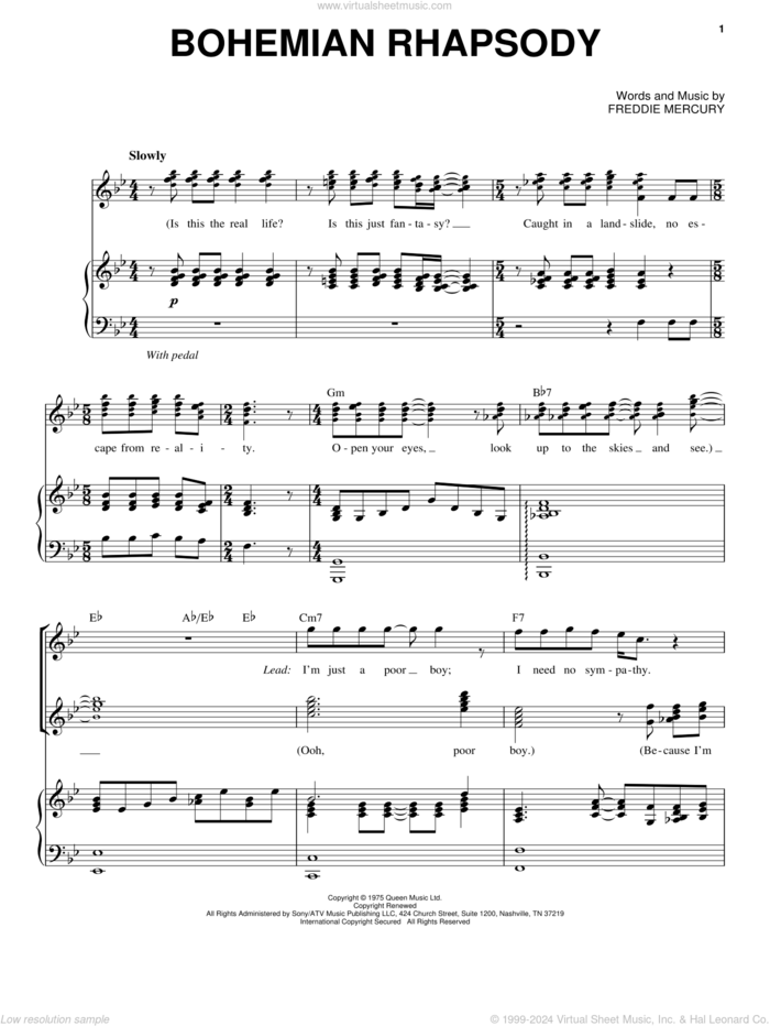 Bohemian Rhapsody sheet music for voice and piano by Queen and Freddie Mercury, intermediate skill level