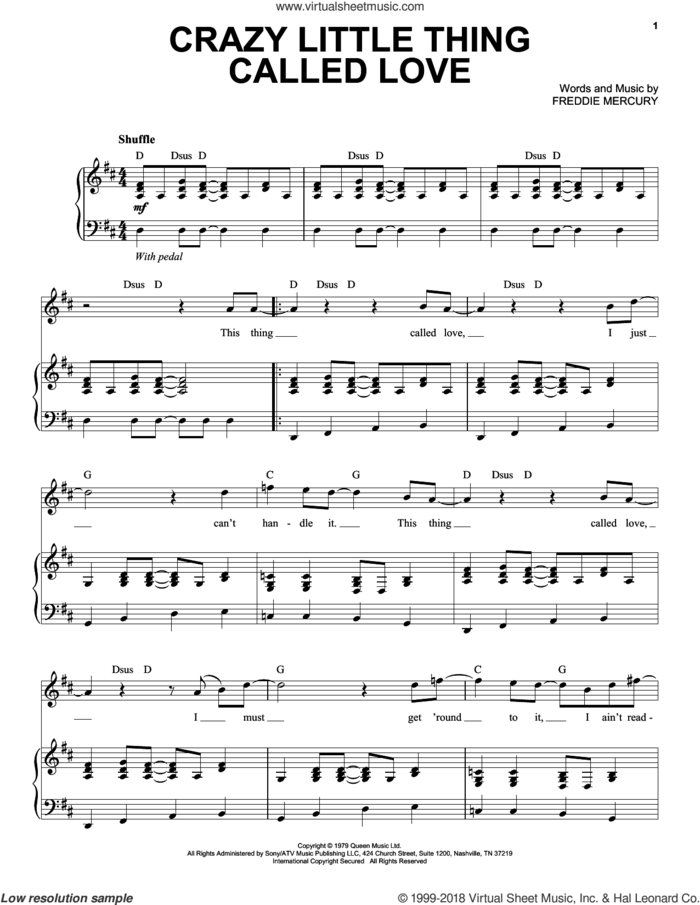 Crazy Little Thing Called Love sheet music for voice and piano by Queen and Freddie Mercury, intermediate skill level