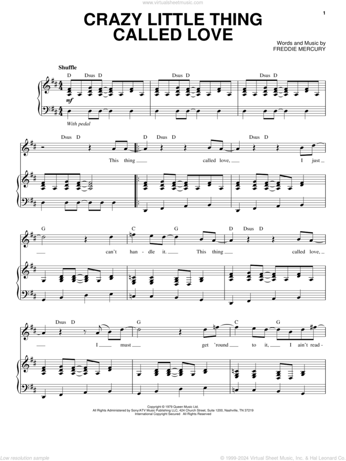 Crazy Little Thing Called Love sheet music for voice and piano by Queen and Freddie Mercury, intermediate skill level