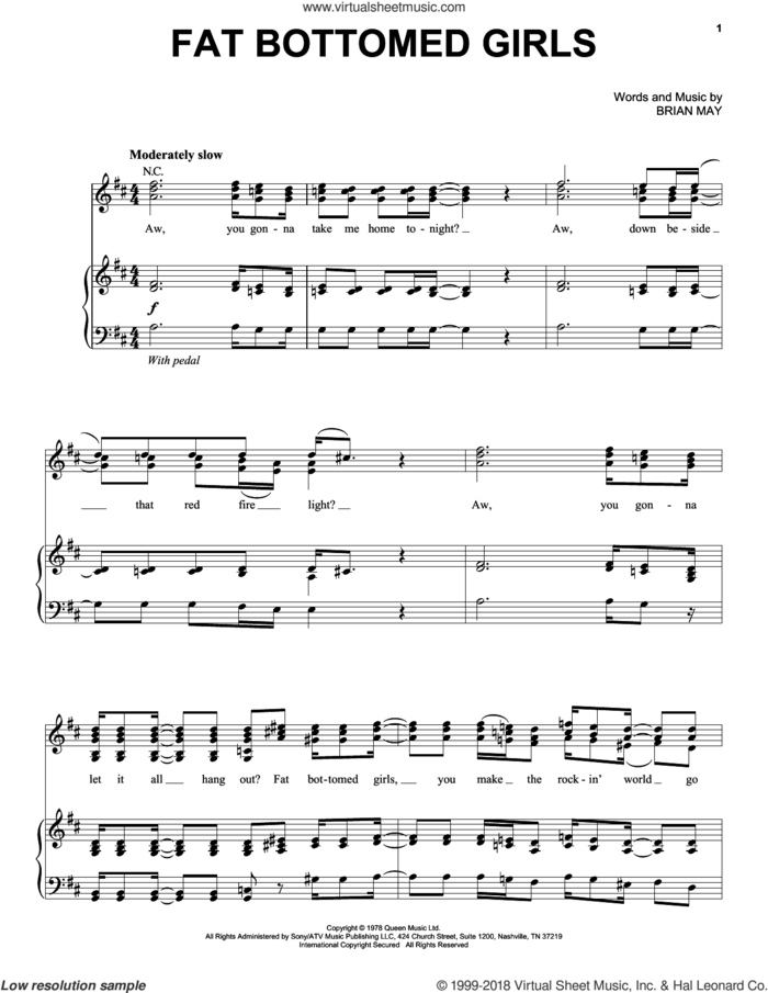 Fat Bottomed Girls sheet music for voice and piano by Queen and Brian May, intermediate skill level