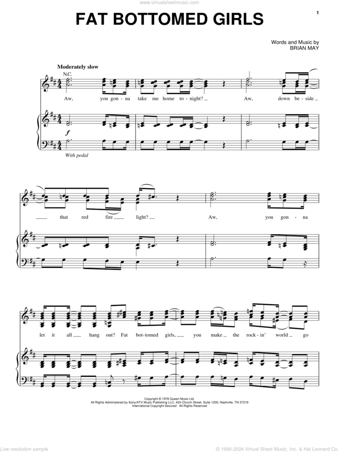 Fat Bottomed Girls sheet music for voice and piano by Queen and Brian May, intermediate skill level