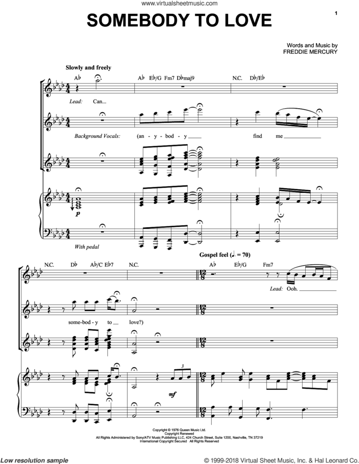 Somebody To Love sheet music for voice and piano by Queen and Freddie Mercury, intermediate skill level