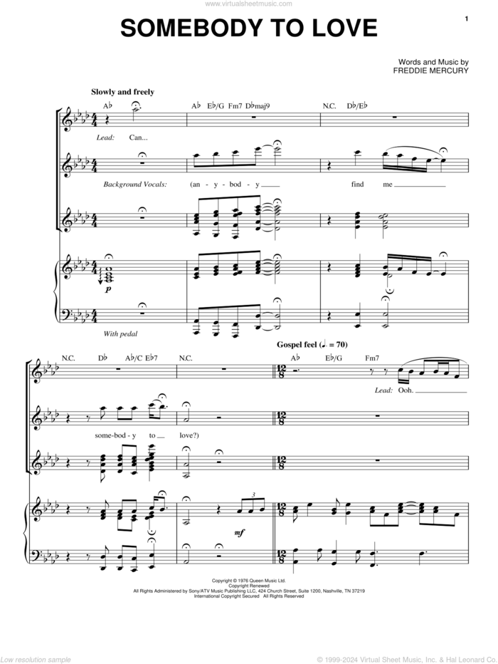 Somebody To Love sheet music for voice and piano by Queen and Freddie Mercury, intermediate skill level