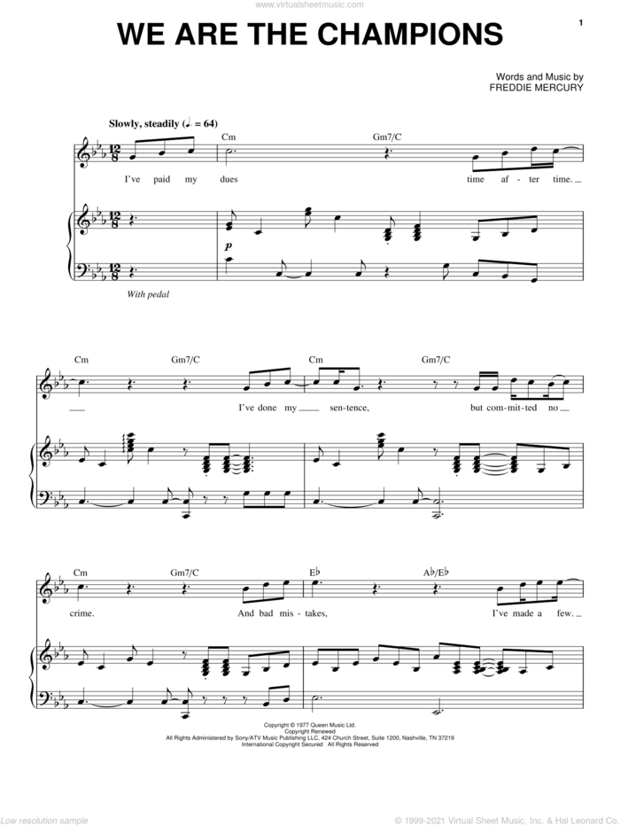 We Are The Champions sheet music for voice and piano by Queen and Freddie Mercury, intermediate skill level
