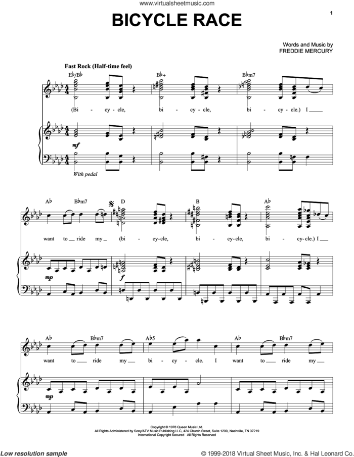 Bicycle Race sheet music for voice and piano by Queen and Freddie Mercury, intermediate skill level
