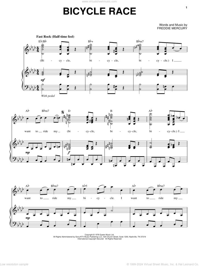 Bicycle Race sheet music for voice and piano by Queen and Freddie Mercury, intermediate skill level