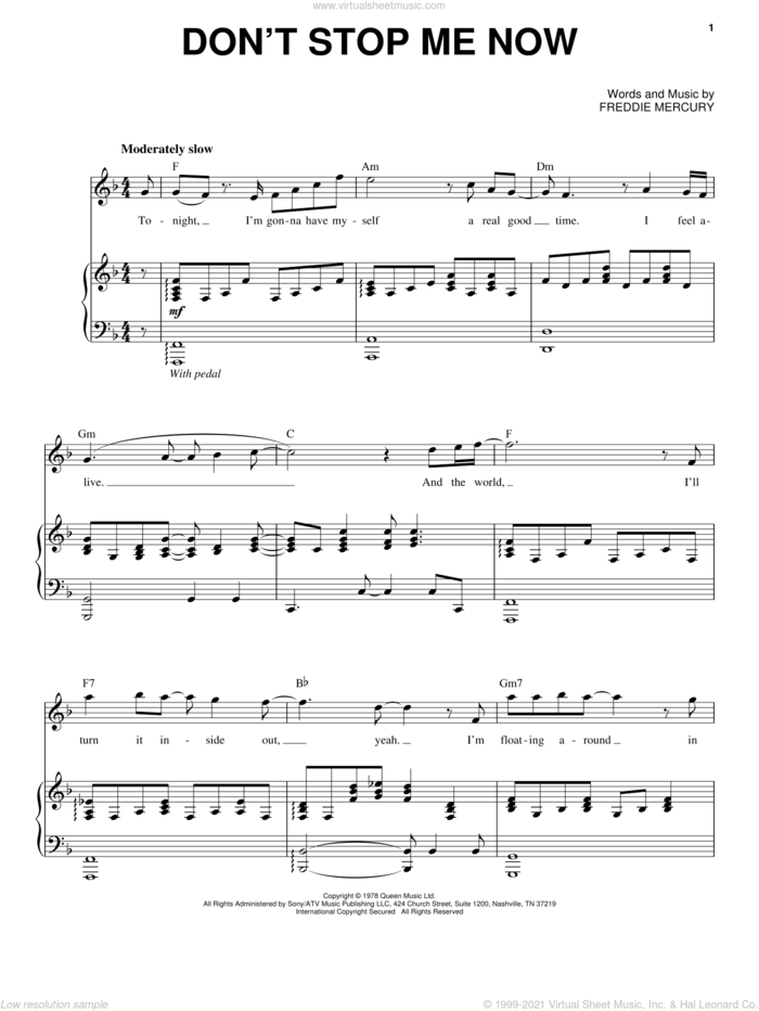 Don't Stop Me Now sheet music for voice and piano by Queen and Freddie Mercury, intermediate skill level