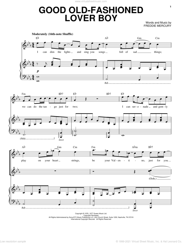 Good Old-Fashioned Lover Boy sheet music for voice and piano by Queen and Freddie Mercury, intermediate skill level