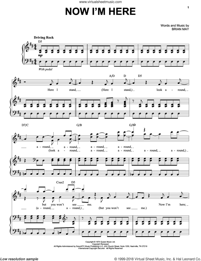 Now I'm Here sheet music for voice and piano by Queen and Brian May, intermediate skill level