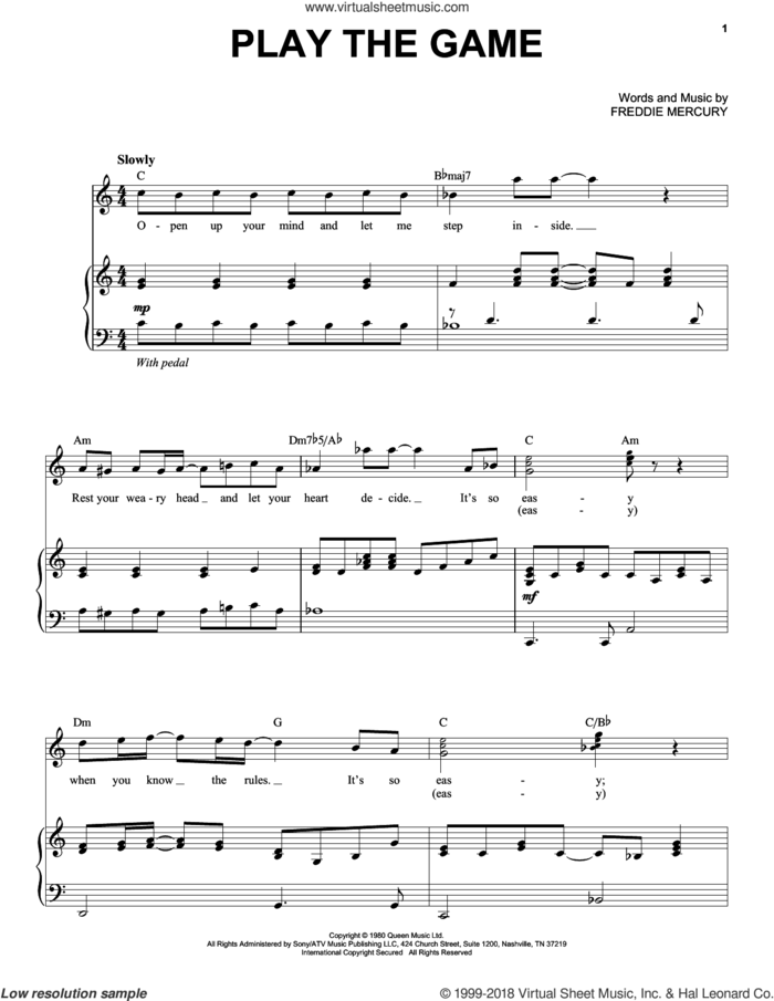 Play The Game sheet music for voice and piano by Queen and Freddie Mercury, intermediate skill level