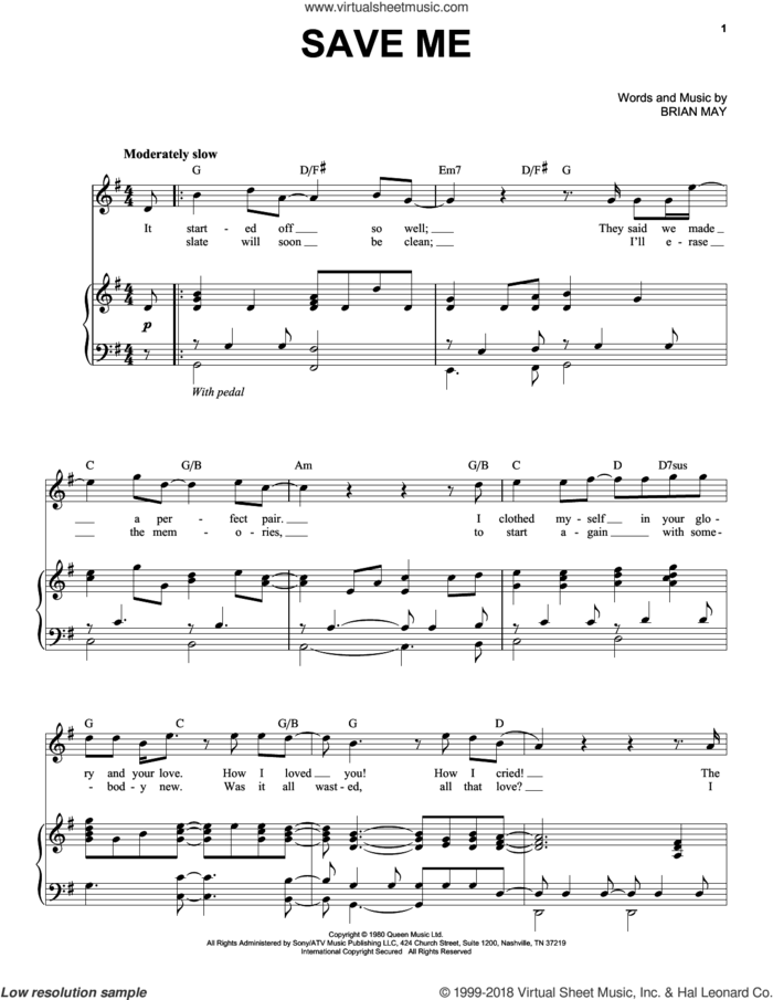 Save Me sheet music for voice and piano by Queen and Brian May, intermediate skill level
