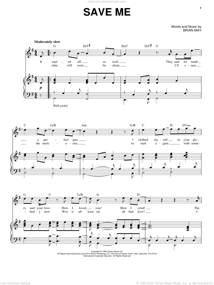 Save Me sheet music for voice and piano by Queen and Brian May, intermediate skill level