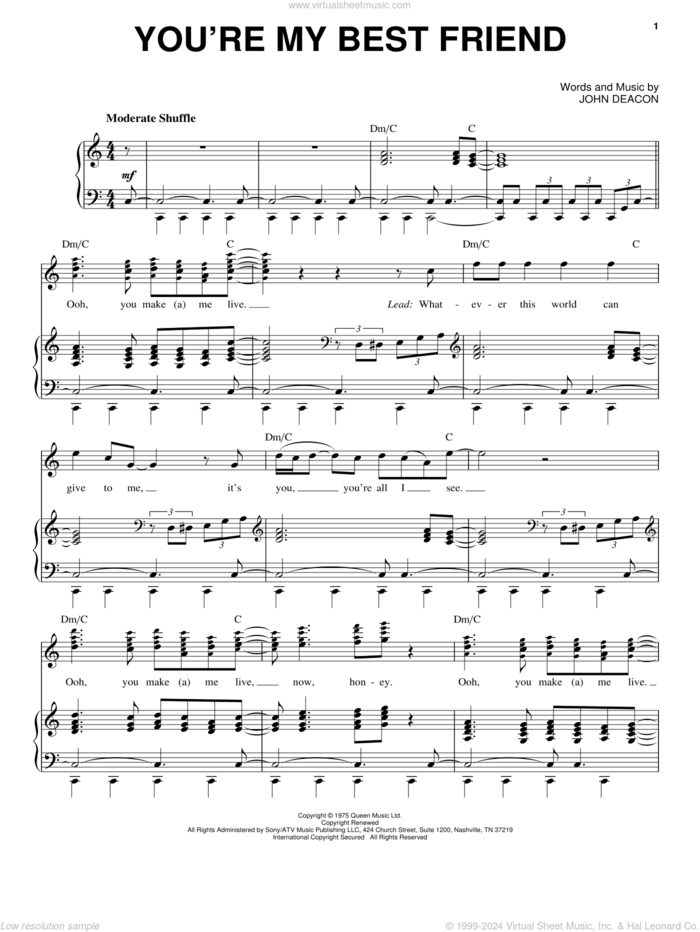 You're My Best Friend sheet music for voice and piano by Queen and John Deacon, intermediate skill level