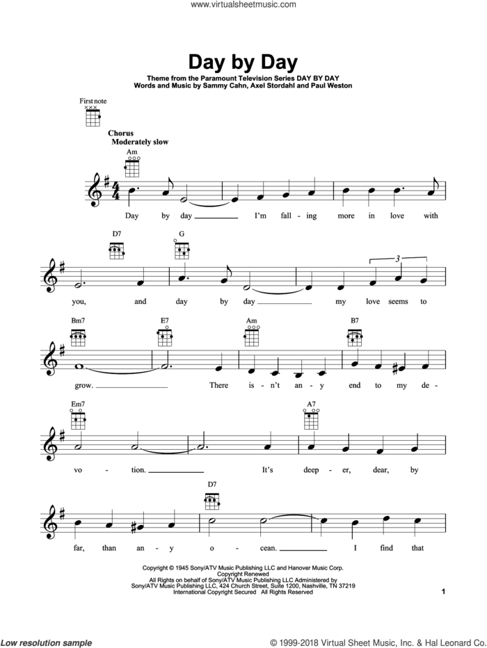 Day By Day sheet music for ukulele by Sammy Cahn, Axel Stordahl and Paul Weston, intermediate skill level