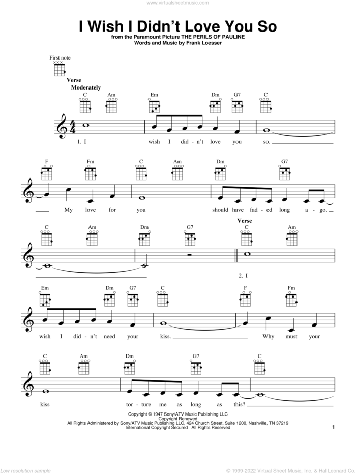 I Wish I Didn't Love You So sheet music for ukulele by Frank Loesser, intermediate skill level