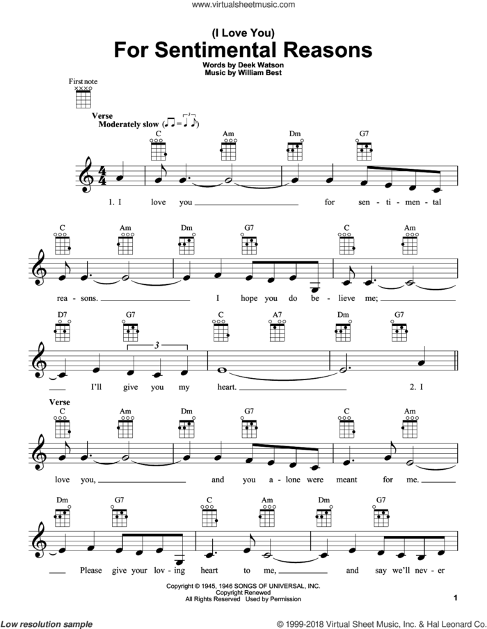 (I Love You) For Sentimental Reasons sheet music for ukulele by Deek Watson, Nat King Cole and William Best, intermediate skill level