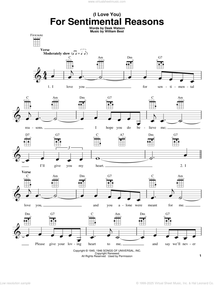 (I Love You) For Sentimental Reasons sheet music for ukulele by Deek Watson, Nat King Cole and William Best, intermediate skill level