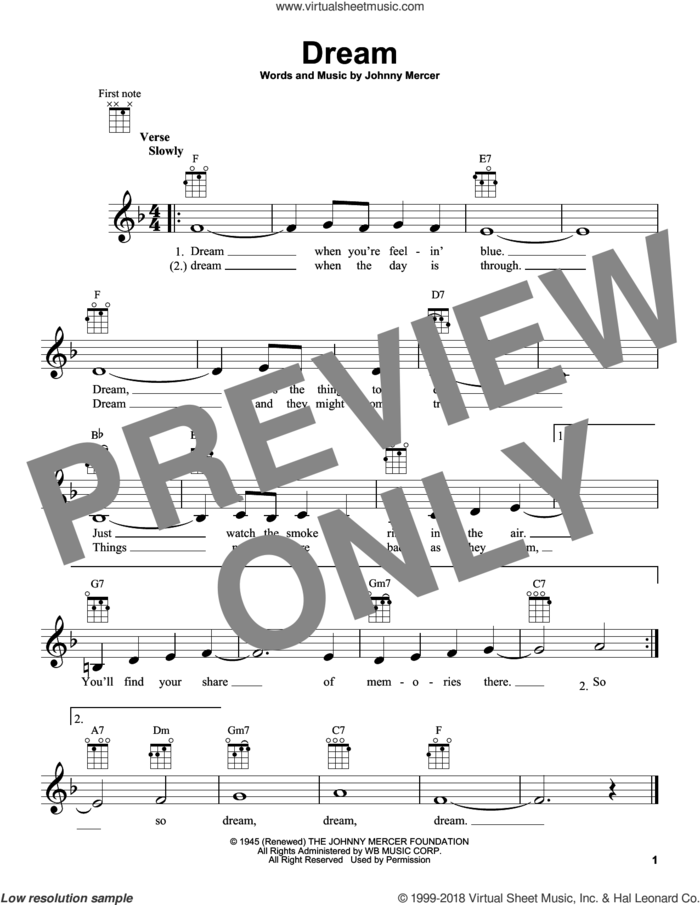 Dream sheet music for ukulele by Johnny Mercer and Frank Sinatra, intermediate skill level