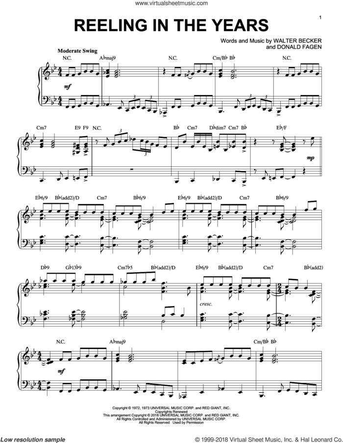 Reeling In The Years [Jazz version] sheet music for piano solo by Steely Dan, Donald Fagen and Walter Becker, intermediate skill level