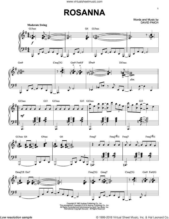 Rosanna [Jazz version] sheet music for piano solo by Toto and David Paich, intermediate skill level