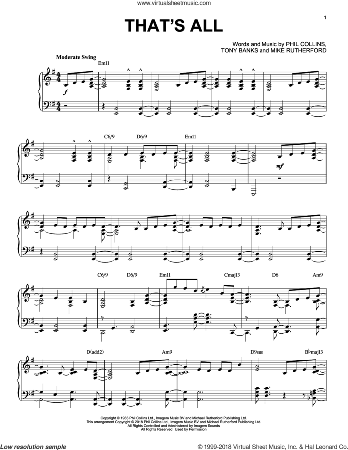 That's All [Jazz version] sheet music for piano solo by Genesis, Mike Rutherford, Phil Collins and Tony Banks, intermediate skill level