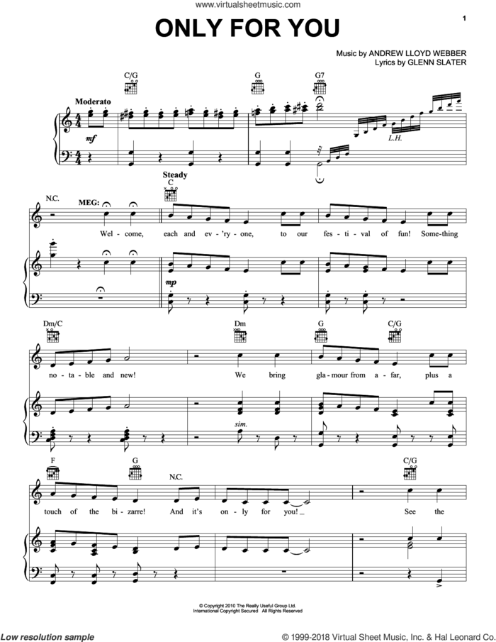 Only For Him/Only For You sheet music for voice, piano or guitar by Andrew Lloyd Webber and Glenn Slater, intermediate skill level