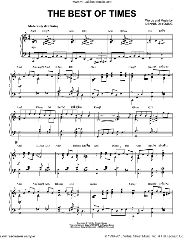 The Best Of Times [Jazz version] sheet music for piano solo by Styx and Dennis DeYoung, intermediate skill level