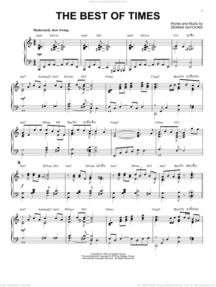 The Best Of Times [Jazz version] sheet music for piano solo by Styx and Dennis DeYoung, intermediate skill level