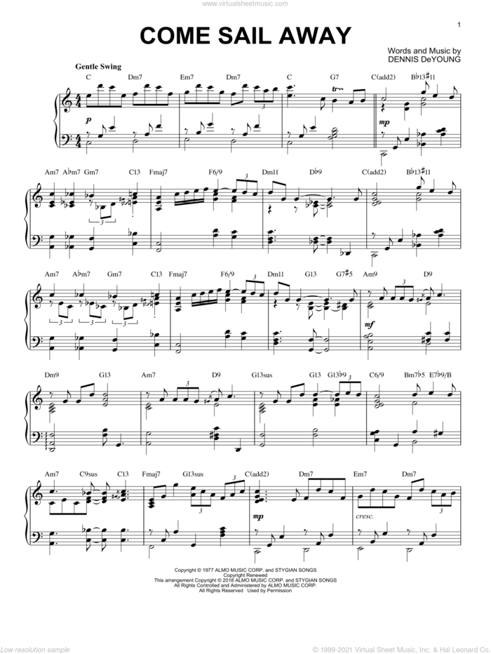 Come Sail Away [Jazz version] sheet music for piano solo by Styx and Dennis DeYoung, intermediate skill level