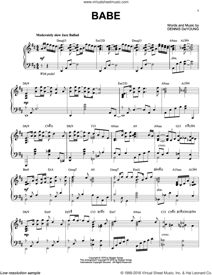 Babe [Jazz version] sheet music for piano solo by Styx and Dennis DeYoung, intermediate skill level