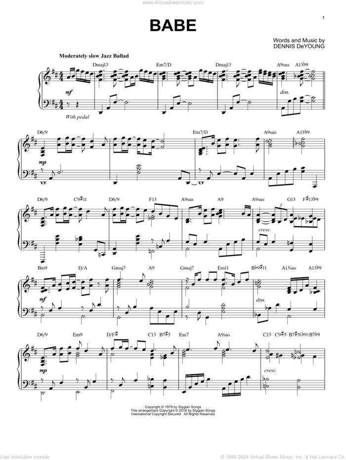 Babe [Jazz version] sheet music for piano solo by Styx and Dennis DeYoung, intermediate skill level